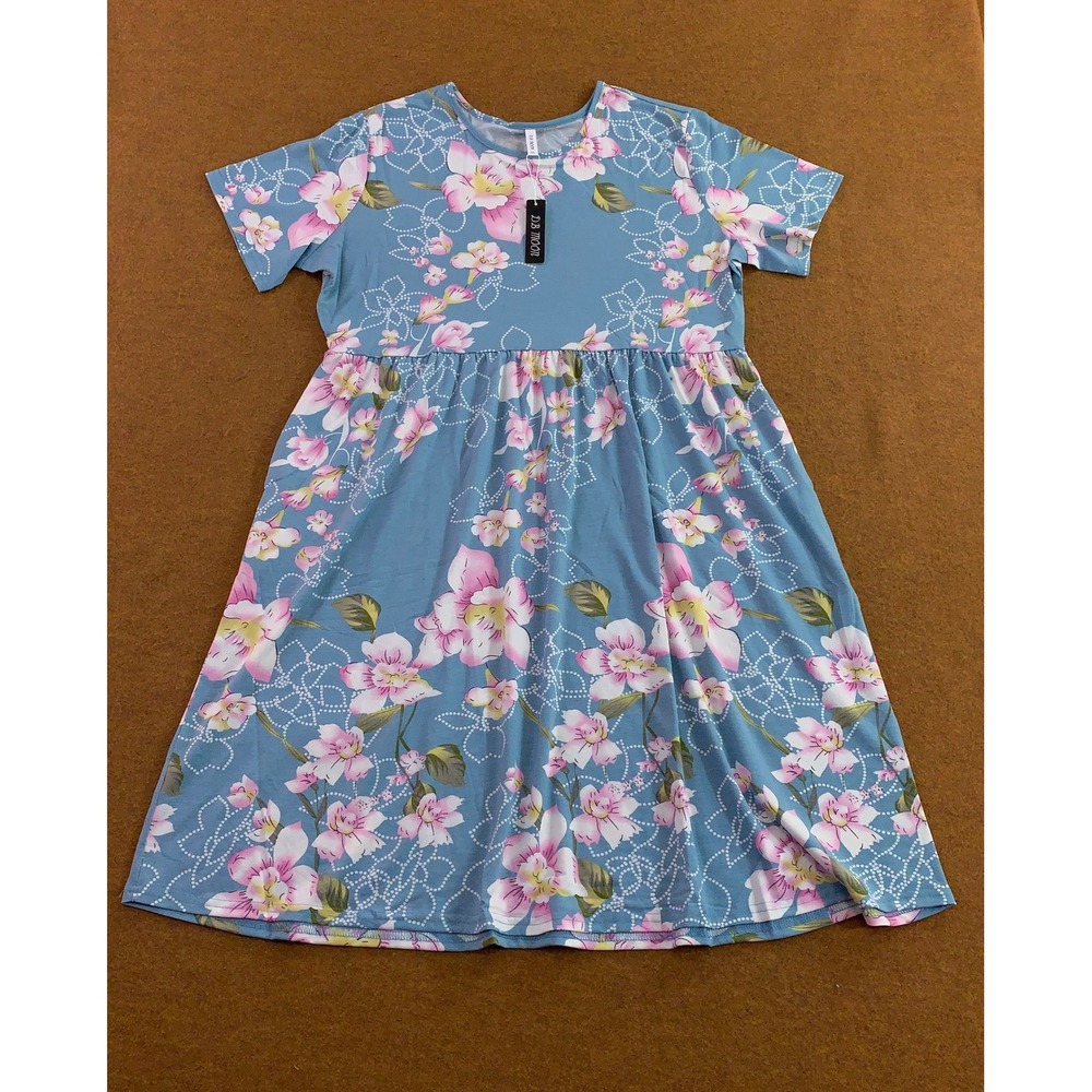 DB MOON Womens 2XL Light Blue Floral Empire Waist Summer Casual Dress NWT